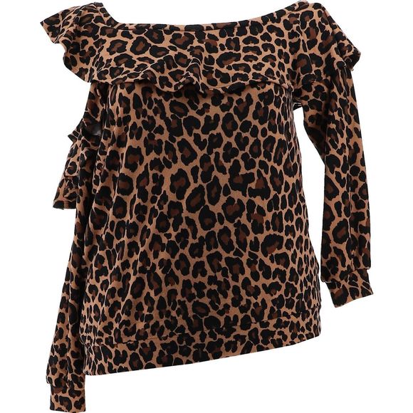 Colleen Lopez Tops - Colleen Lopez Ruffle Sweatshirt Cutout Neutral Leopard 770566E